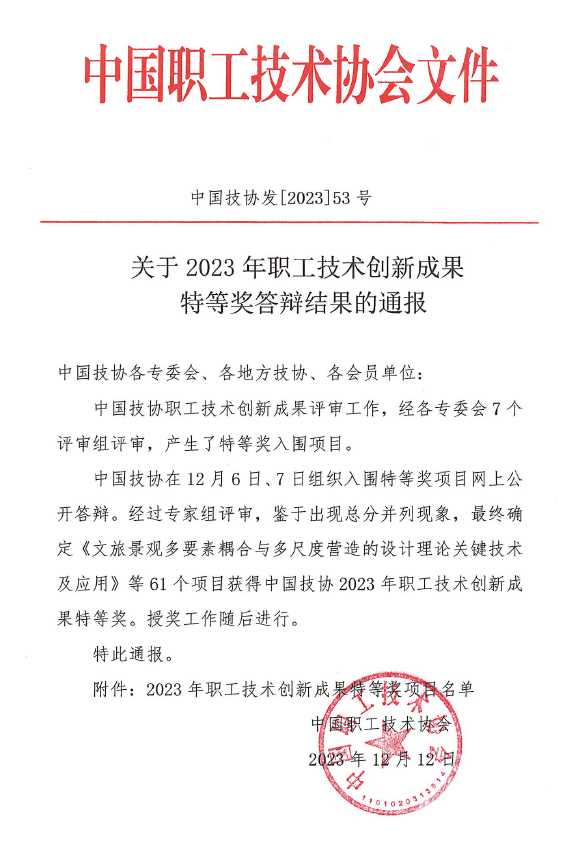 公司成果獲中國技協2023年職工技術成果特等獎